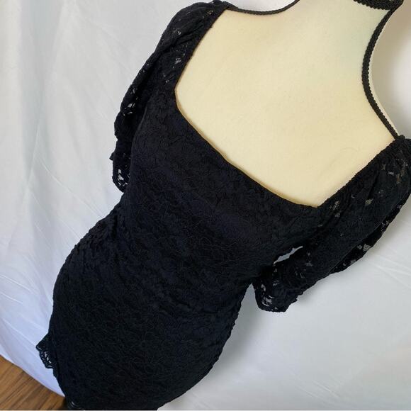 Express Women's Sheath Mini Dress Medium Square Neck Cinched Lace Puff Sleeve - Picture 3 of 12